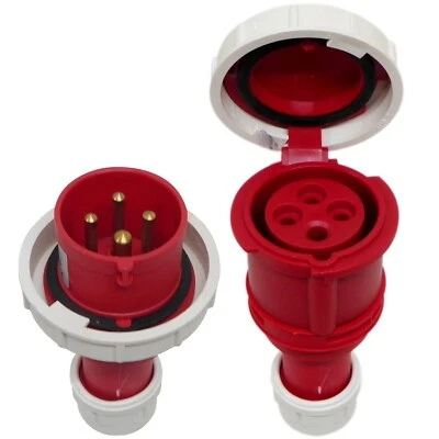 16 Amp 4 Pin Plug and Coupler IP67 Waterproof Red 415V Trailing Socket 3 Phase - Image 1 of 4