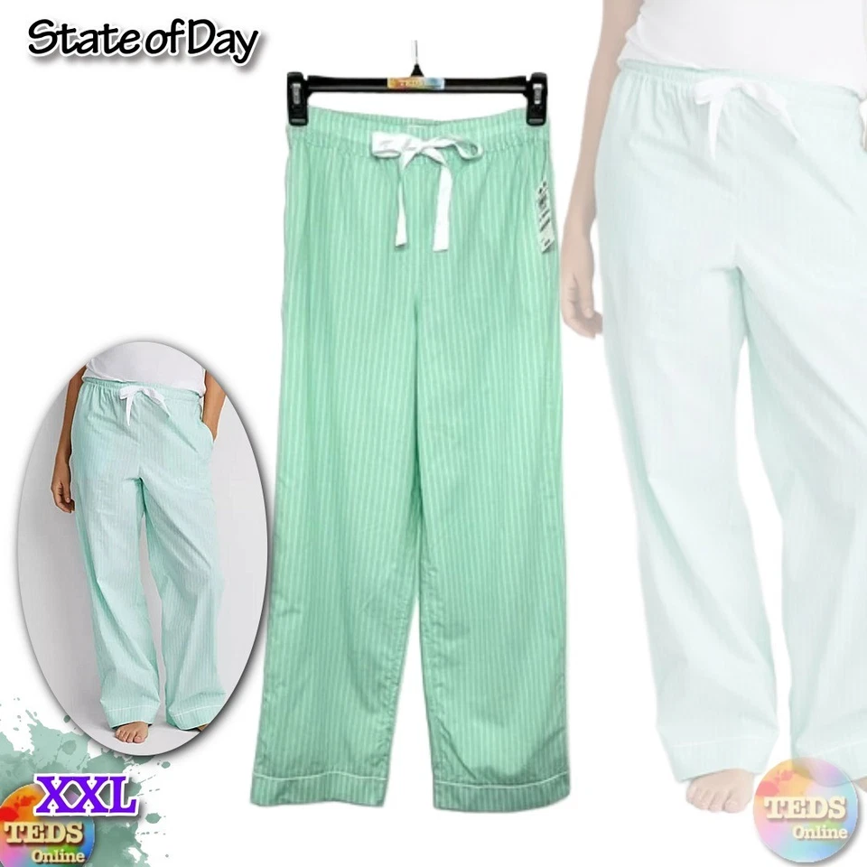 state Of Day Womens Printed Poplin Pajama Pants 100180269MS Tea Green Stripe 2XL