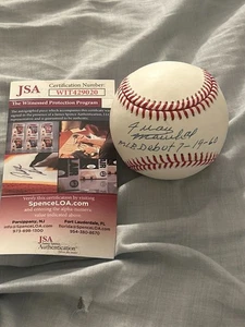 Juan Marichal AUTOGRAPHED RAWLINGS BASEBALL MLB Debut Inscription JSA Certified - Picture 1 of 4