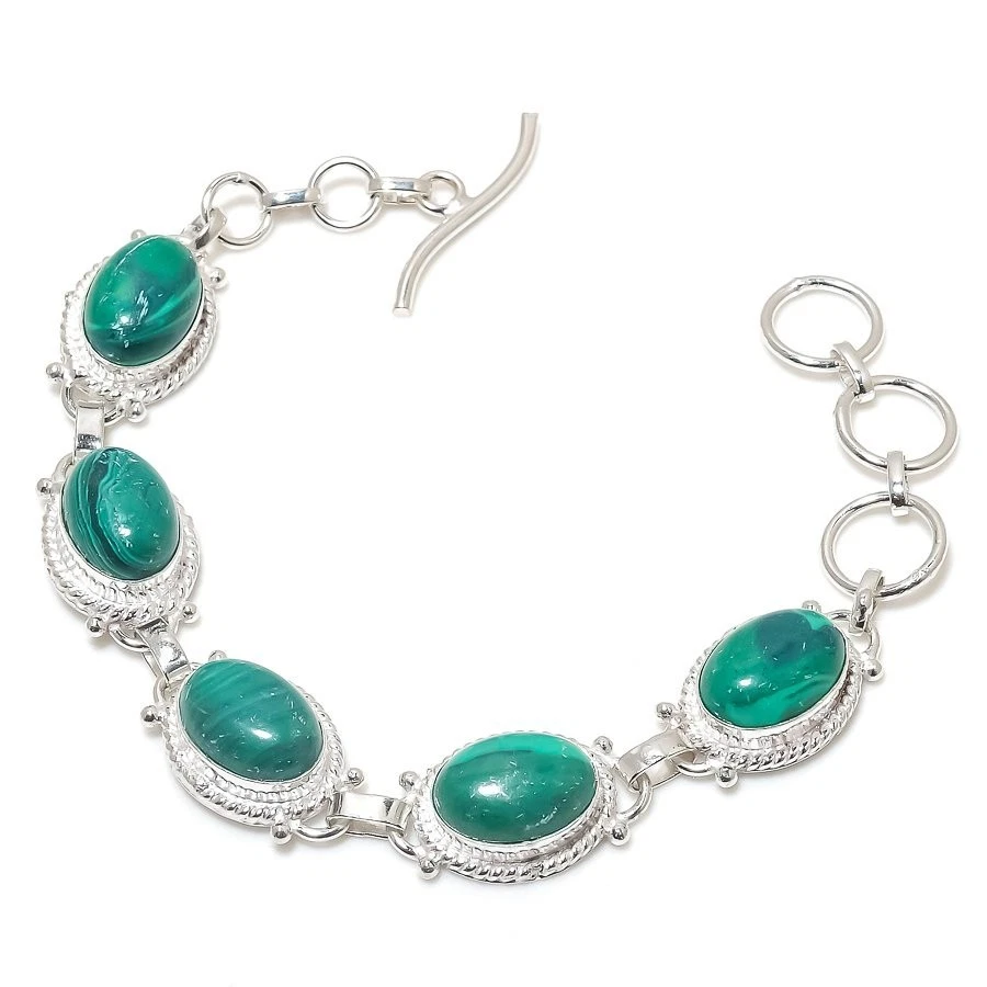 Green Malachite Gemstone Handmade 925 Sterling Silver Jewelry Bracelet Size 7-8" - Image 1 of 1