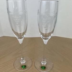 Kusak Crystal Fluted Champagne Glasses Etched Grapes Set Of 2 - Picture 1 of 4