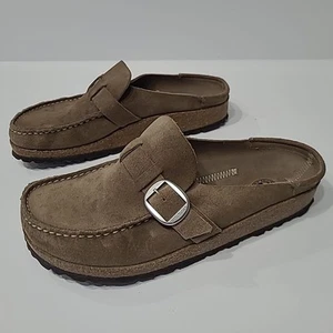 Birkenstock Buckley Suede Tan Clogs Moccasin Buckle Size 38/ US 7 Narrow - Picture 1 of 17
