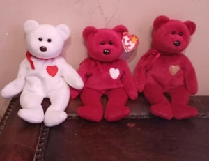 3- Beanie Original Babys rote Bären mit weißen & goldenen Herzen & weiß mit rotem Herz - Bild 1 von 7