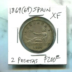SPAIN - BEAUTIFUL PROVISIONAL GOVERNMENT SILVER 2 PESETAS, 1869 (69) , KM# 654 - Picture 1 of 3
