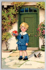 Vintage Postcard C1930 Bonne Annee Postcard Artist Signed Child with Flowers - Picture 1 of 2