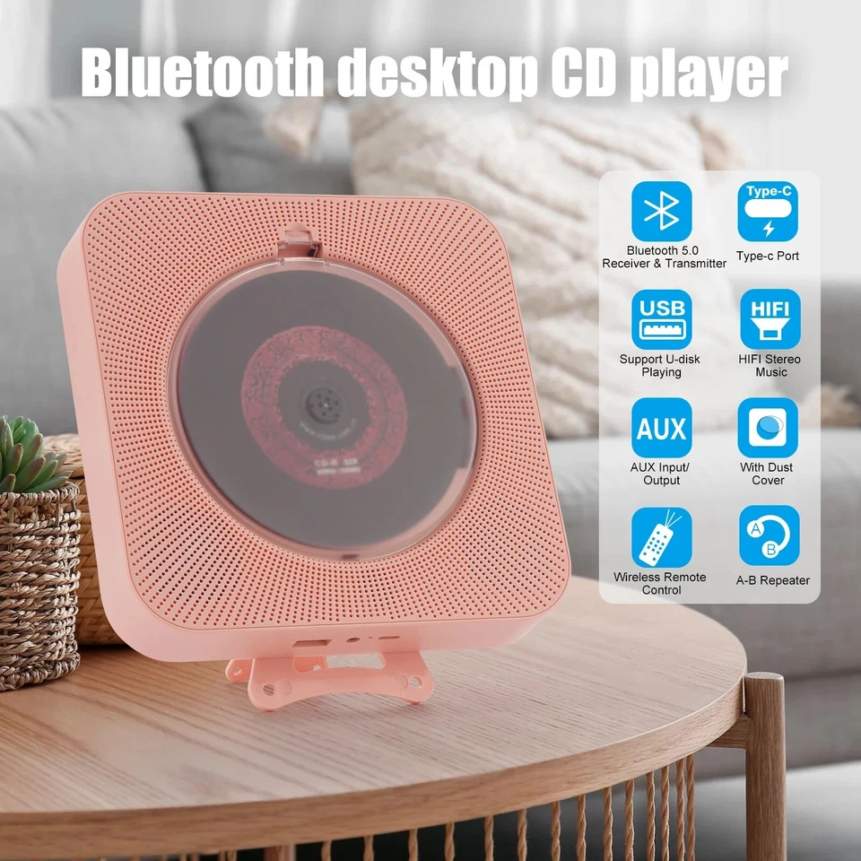 YINTINY PINK CD Player With Speaker, Portable CD Player For Home Decor
