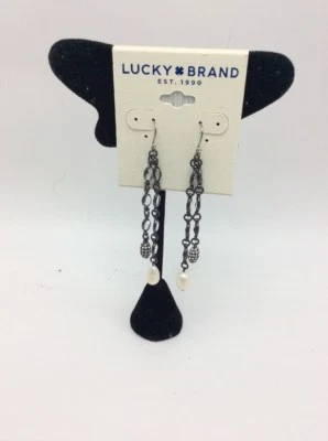 $35 Lucky Brand hematite tone crystal imitation pearl linear drop earrings #371A - Image 1 of 4