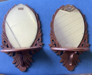 Pair (2) Antique Oval Mirror Wood Decorative Etched Cutout Frame w Curio Shelf - Picture 1 of 8