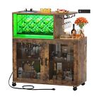 Wine Bar Cabinet with Wheels, Small Liquor Cabinet with LED Light, Home Bar C...