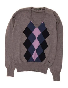 FRED PERRY Womens V-Neck Jumper Sweater UK 14 Large Grey Argyle/Diamond AR11 - Picture 1 of 3