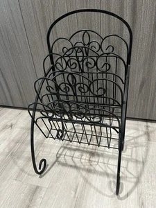 Vintage Mid Century Black Wrought Iron Metal Magazine Rack French Scroll - Picture 1 of 12