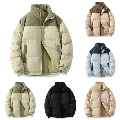 Thickened Warm Casual Jacket for Men Stand Collar Loose Fit Two Tone Color Coat - Image 1 of 4