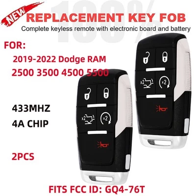 2 For 2019 2020 2021 2022 Dodge Ram 2500 3500 4500 Remote Car Key Fob GQ4-76T - Image 1 of 4
