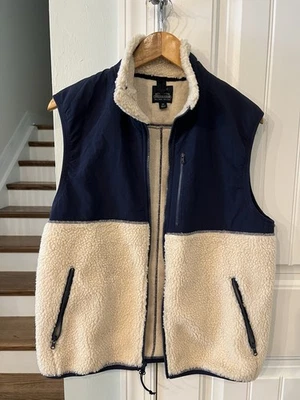 J.Crew Sherpa Fleece Vest Mens Medium Cream Navy Full Zip Faux Shearling Warm - Image 1 of 4