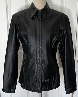 Harley Davidson Leather Jacket Womens Medium Black Orange Piping Embroidered EUC Foto 1 de 4