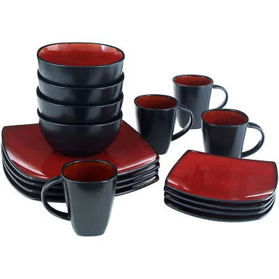 Square Stoneware Embossed Dinnerware Dish Set 16 Piece Tuscan Red and Black Rim