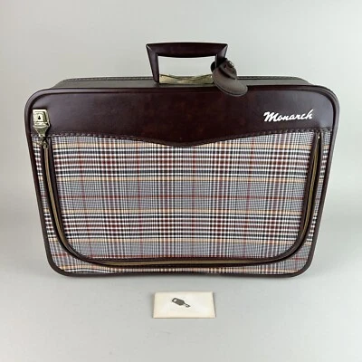 RARA Maleta Monarca Vintage CON LLAVE Imitación Cuero Marrón Diseño a Cuadros Cremallera Foto 1 de 4