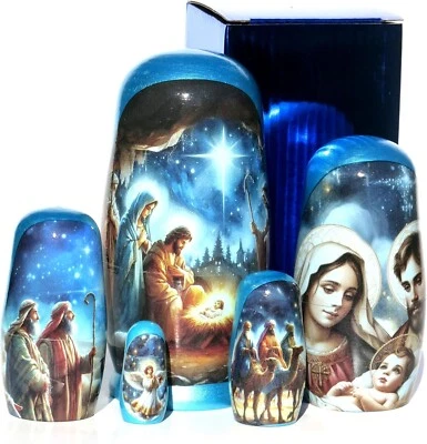 KALEA BOUTIQUE Beautiful Handmade Christmas Nativity Russian Nesting Doll, 5 Pc with Gift Box