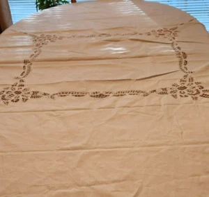 Vintage weiße Leinen Tischdecke Spitzenschnitt Arbeit 90x45 - Bild 1 von 8