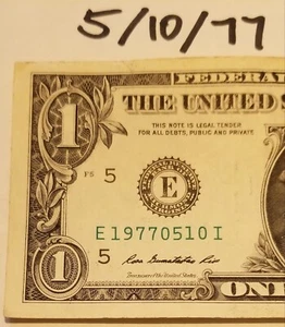 Birthday Anniversary May 10, 1977 and December 5, 1977 $1 Fancy One Dollar Bill - Picture 1 of 5