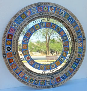33" ROUND punched tin MIRROR, Mexican talavera tile, hacienda style, handmade - Picture 1 of 5