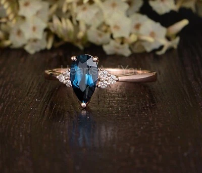 1ct Pear Natural London Blue Topaz & Diamond 14k SOLID Rose Gold Engagement Ring - Image 1 of 4