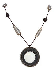 Vintage Express Long Brown Cord Necklace Round Pendant Glass Wood Beads No Clasp - Picture 1 of 5