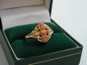 RARO ANILLO VICTORIANO 1871 ORO AMARILLO 18CT CORAL SEMILLA PERLA - TALLA R 1/2 - A/F   - Imagen 1 de 12