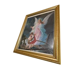 Guardian Angel Framed Wall Art Print With Children In Vintage Gold Gilt Frame - Picture 1 of 7