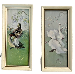 Vtg Pair Sm Vernon Ward Painting Print Ducks &  Swans Wood Framed MCM 3.75x8" - Picture 1 of 8