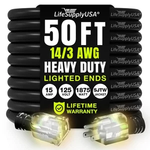 50ft Outdoor/Indoor Extension Cord 14/3 Gauge Heavy Duty 3 Prong SJTW, Waterp... - Picture 1 of 8