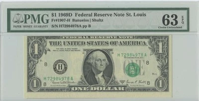 1969D $1 FRN St Louis FR#1907-H PMG 63 CH Unc EPQ Misalignment ERROR - Image 1 of 2