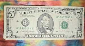 1988 Fancy Federal Reserve $5 Dollar Bill Note D19897149B Circulated Small Head - Picture 1 of 1