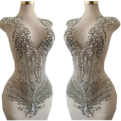 Handmade Rhinestones Applique on White net sew on Beads Crystal Patches Acces... - Image 1 of 4