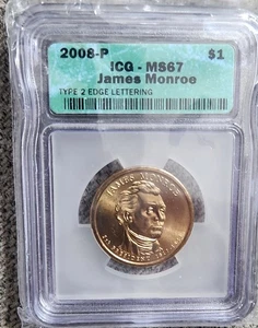 2008 P James Monroe Presidential Dollar ICG MS67 Type 2 Edge Lettering $1 - Picture 1 of 4