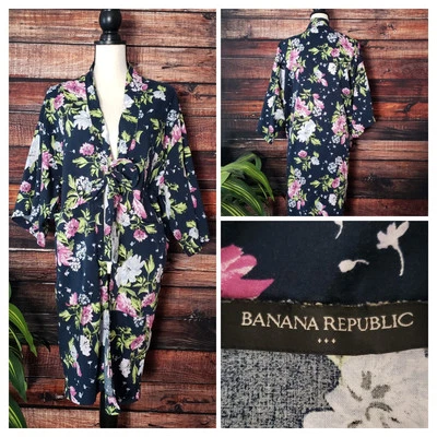 Banana Republic Kimono Robe One Size Tie Front Pockets Navy Floral Cotton Rayon - Image 1 of 4