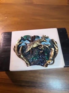 Vintage 1982 Deer Jumping Forest Brass Belt Buckle USA - Picture 1 of 9