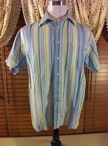 Mens REID & TAYLOR M MEDIUM Beach Walker100% Linen Blue/Green Leisure Camp Shirt - Picture 1 of 7