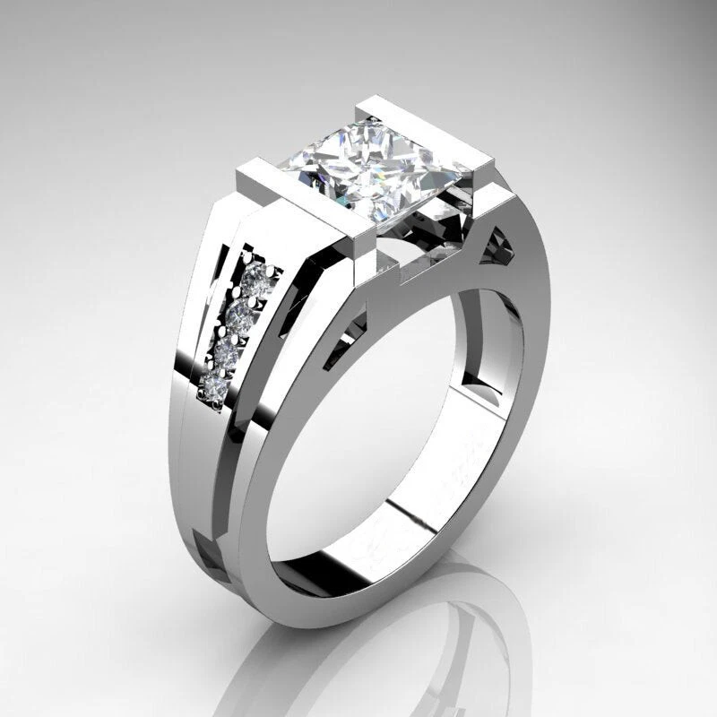 Anillo moderno de diamantes simulados de corte princesa blanco de 2,0 quilates para hombre en plata 925 Foto 1 de 1