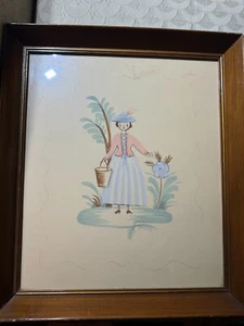 Antique Folk Art "A Young Girl Scene" Ink And Watercolor Painting - Framed - Picture 1 of 13