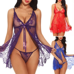 Sexy Lingerie Womens Open-Front Nighwear Babydoll Nightgown Sleepwear & G-string - Picture 1 of 39