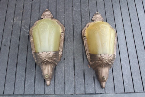 Antique Pair Art Deco Slip Shade Wall Sconce Glass Shade Theater Light Fixture Cover