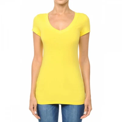 Camiseta básica de punto de algodón suave premium para mujer cuello en V manga corta sólidos ajustados Foto 1 de 4