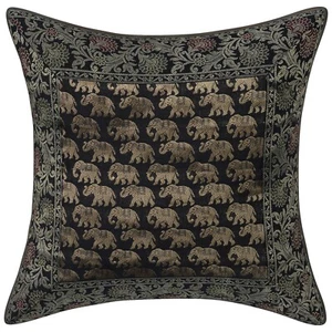 Black & Gold Elephant Cushion Cover Brocade Silk 16x16 Inch 2 pcs - Picture 1 of 6