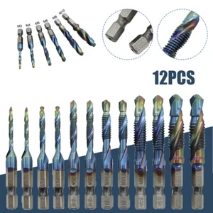 12-teilig M3-M10 1/4 Zoll HSS Sechskantschaft titanbeschichtete Schraube SAE Gewinde Gewinde Gewindebohrer Bohrer - Bild 1 von 15