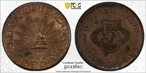 Mexico 1915 5 Centavos Chihuahua Pcgs Ms63 BN Km-613 - Picture 1 of 4