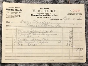 1936 Fireworks Invoice Receipt Antique H.K. Forry Lancaster Pennsylvania Holiday - Picture 1 of 2