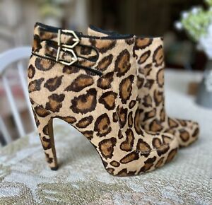 Sam Edelman Fur Leopard Print Calfshair Stiletto Heel Ankle Boots Sz. 8
