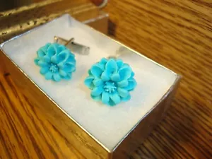 1 Pair #2 BLUE Flower Blossom Design Hamilton Silver Plated Cuff links w/Box - Picture 1 of 4