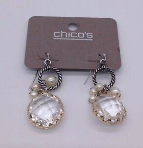 Chico's silver/gold crystal/pearl drop earrings nwts
